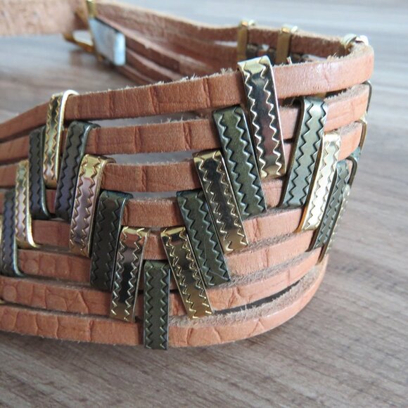 VINTAGE JOSE COTEL Multi Strand Southwestern Boho Wide Tan Leather Belt - Picture 5 of 11
